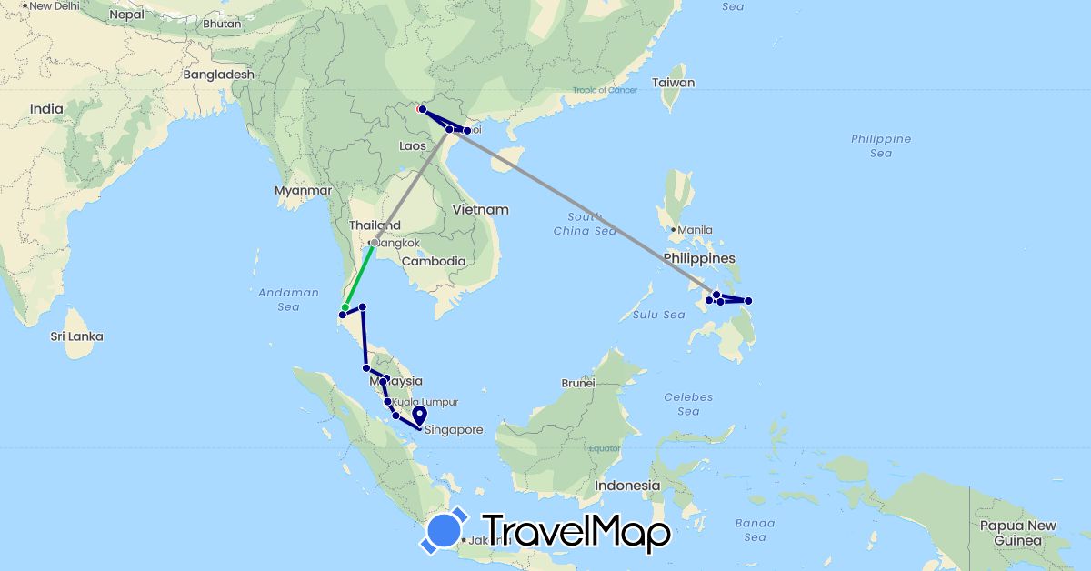 TravelMap itinerary: driving, bus, plane, hiking in Malaysia, Philippines, Singapore, Thailand, Vietnam (Asia)